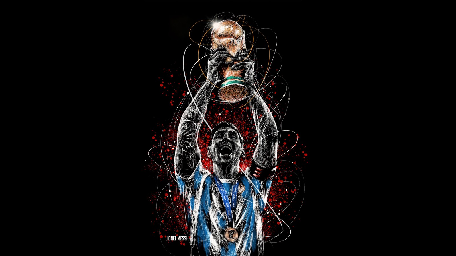 There is a drawing of a man holding a basketball ball (lionel messi, world cup 2022, black background, artwork, amoled)