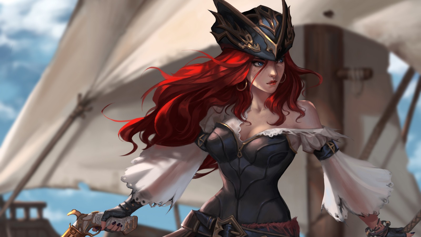 Женщина в пиратском костюме стоит на корабле (мисс фортуна, miss fortune, lol, league of legends, видеоигра)