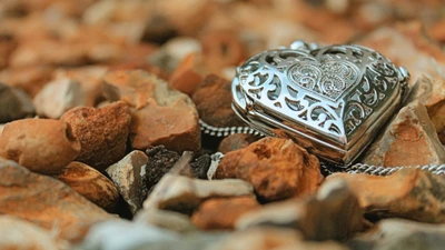 Silver Heart Pendant Necklace Resting on Natural Pebbles