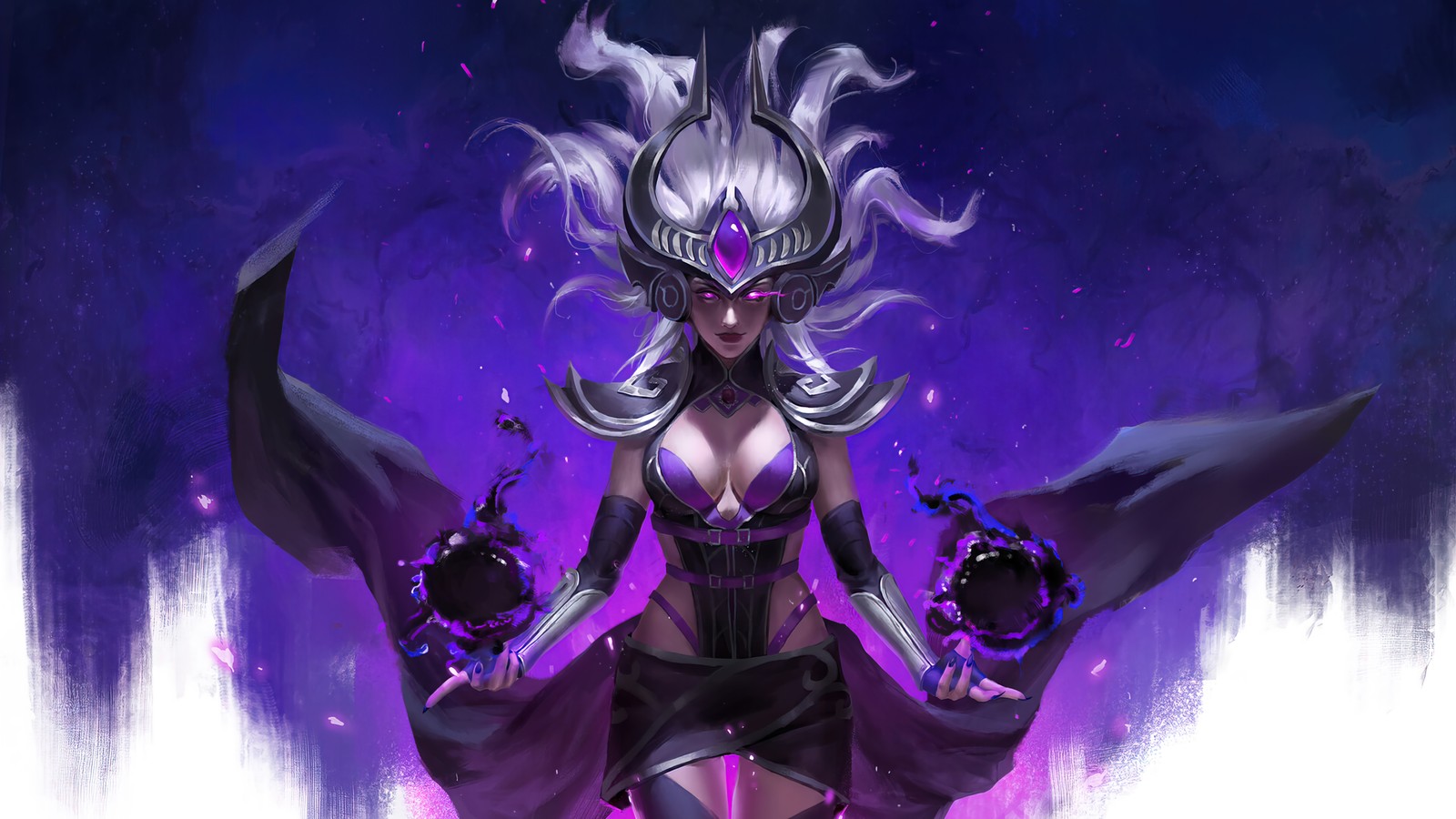 A woman in a purple dress holding a crystal ball (syndra, league of legends, lol, video game, game)