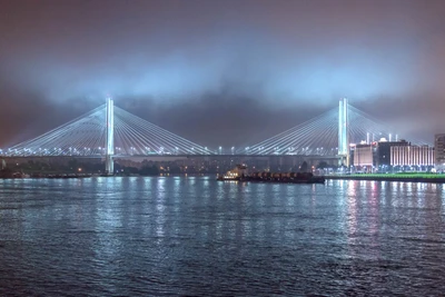 cable stayed bridge, cantilever bridge, bridge, water, night