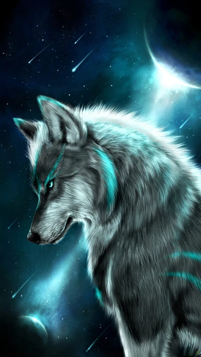 azul, fantasía, espacio, estrellas, lobo