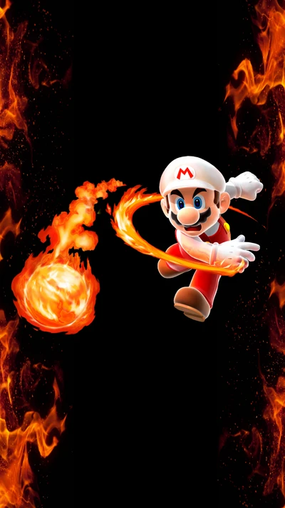 Mario libera poder flamejante em uma exibição dinâmica de chamas.