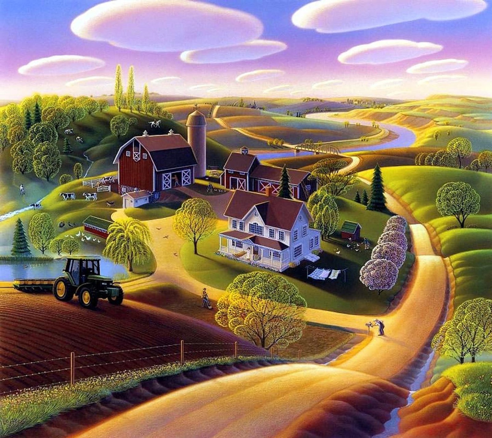 A painting of a farm with a tractor and farm buildings (look, nice)