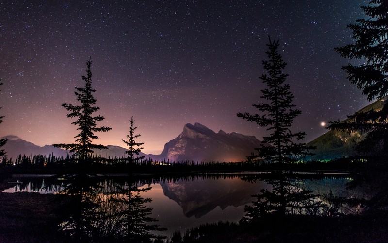 Вид озера с деревьями и горой на заднем плане (гора рундл, mount rundle, ночной пейзаж, национальный парк банфф, banff national park)