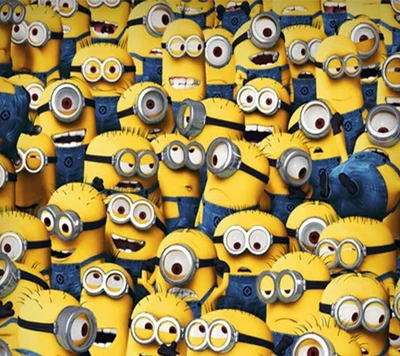 Une foule joyeuse de Minions espiègles, montrant leur couleur jaune vibrante et leurs expressions originales.