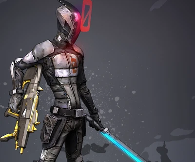 Futuristic Shooter Character with Energy Sword and High-Tech Gear