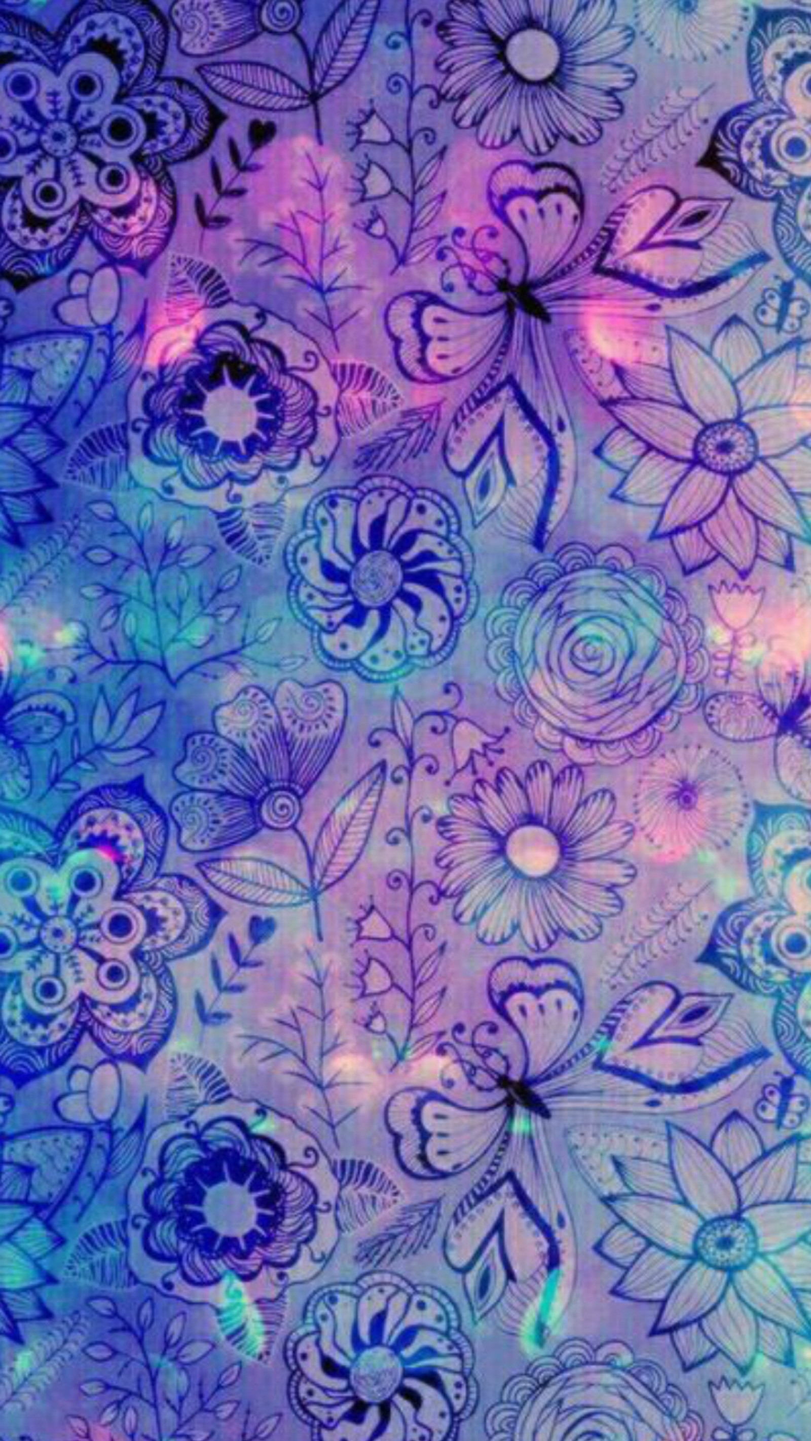 A blue and purple wallpaper with a lot of flowers and butterflies (colors, disfruta, nature)