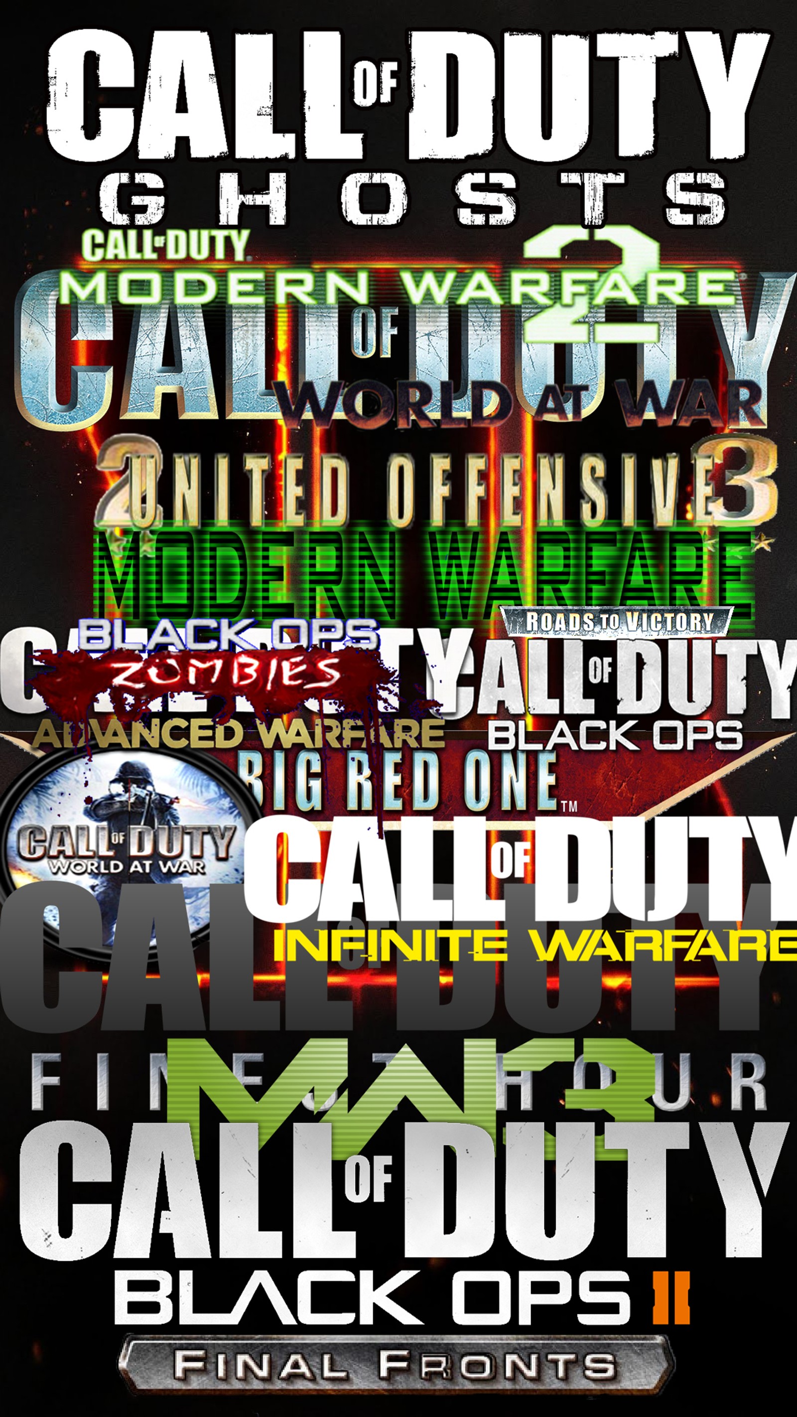 A close up of a poster with a bunch of different font (action, game, list, logo)