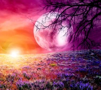 Radiant Pink Moon Over Vibrant Wildflower Field