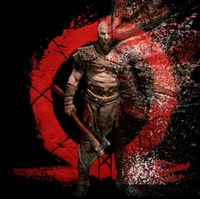 Kratos, the Warrior of Fate, in a dynamic battle scene with a striking red symbol backdrop.