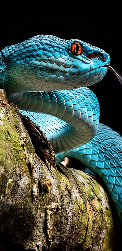 Víbora azul vibrante enrollada en una rama musgosa