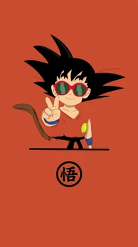 Petit Goku avec des lunettes de soleil faisant un signe de paix sur un fond orange vif.