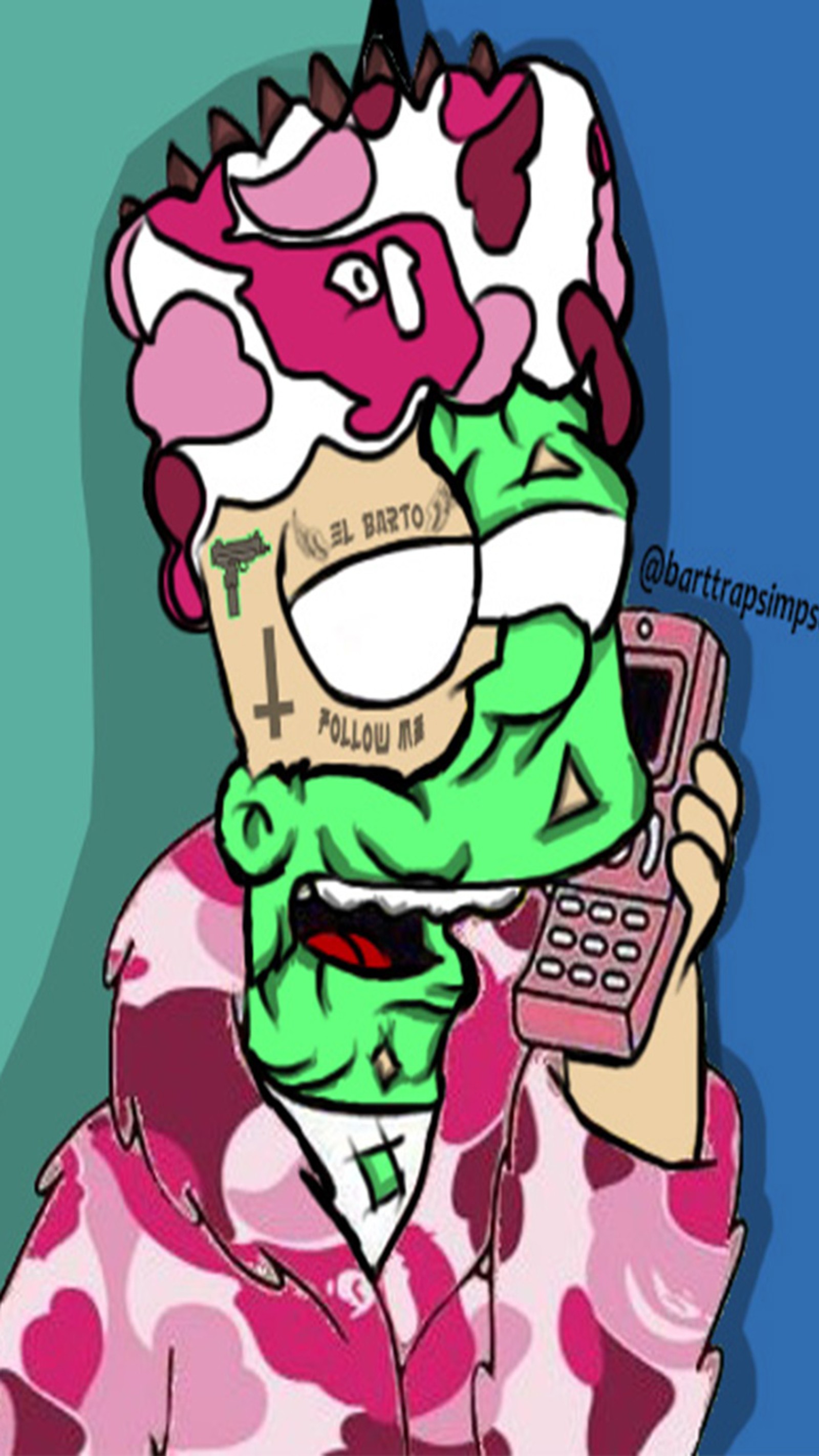 Un dessin animé d'un homme en chemise rose tenant un téléphone portable (bart simpson, design, drôle, crâne, piège)