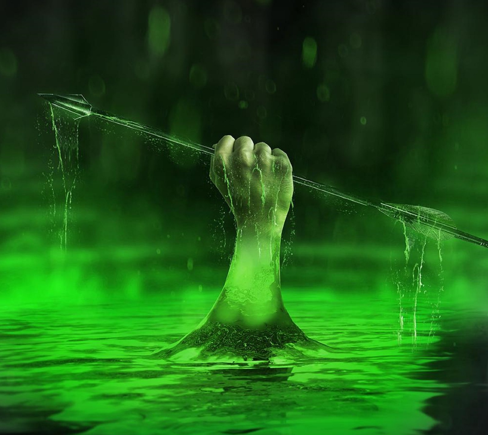 Someone is holding a knife in the water with green liquid (arrow, canary black, city, dc, dude)