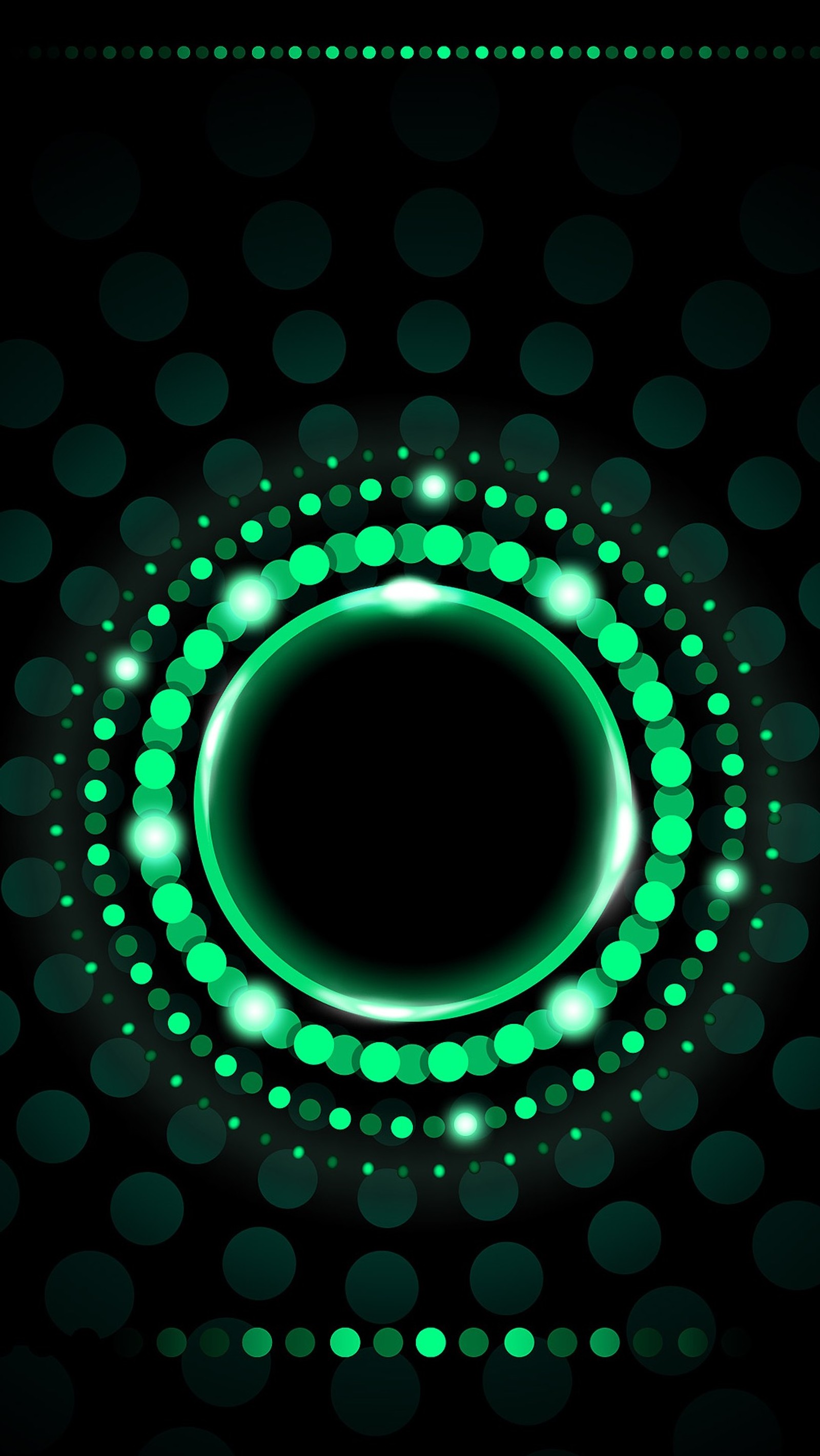 A close up of a circular design with green lights (dots, green)