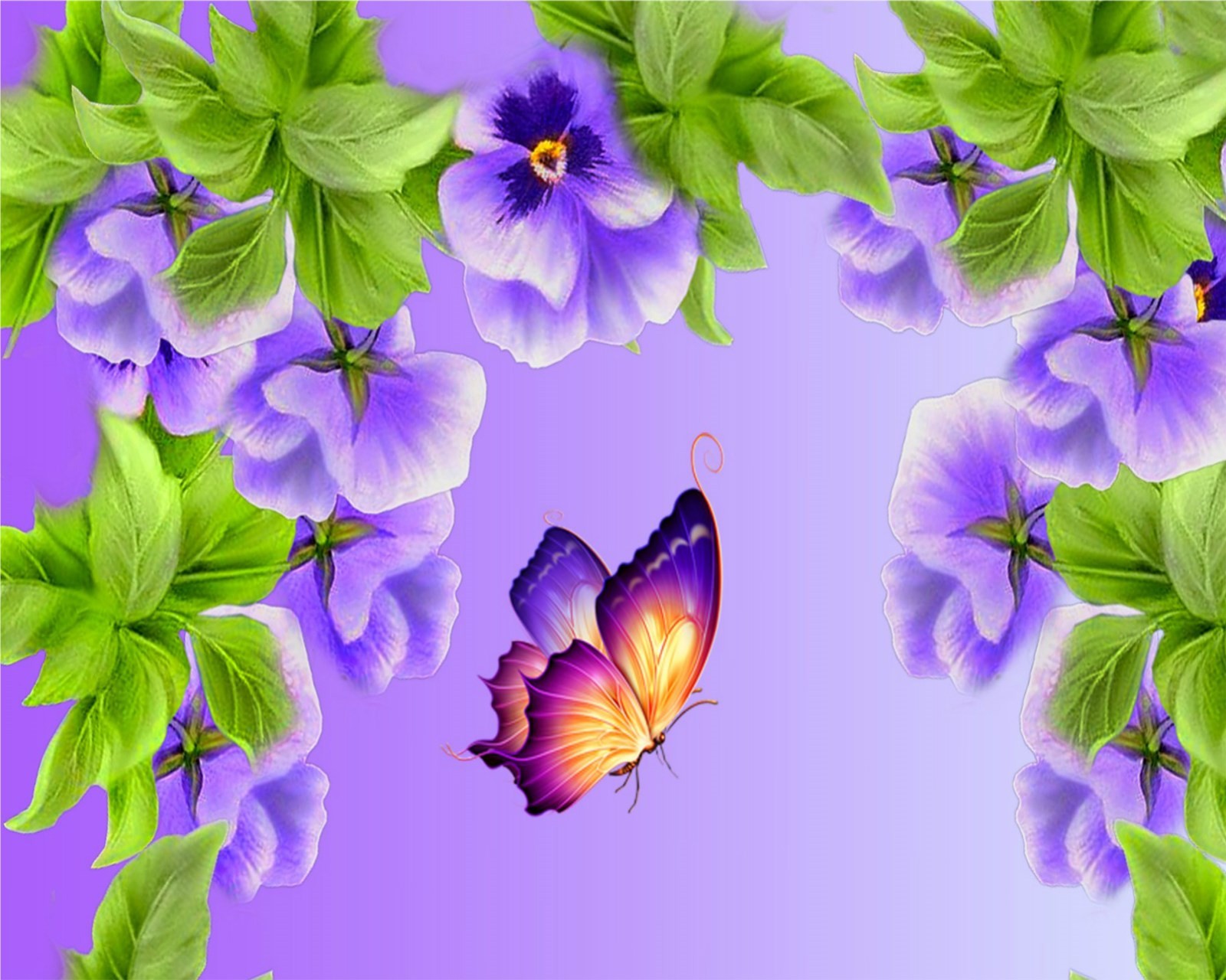 Purple and orange butterfly flying over purple flowers on a purple background (abstract, animal, butterfly, design, nature)