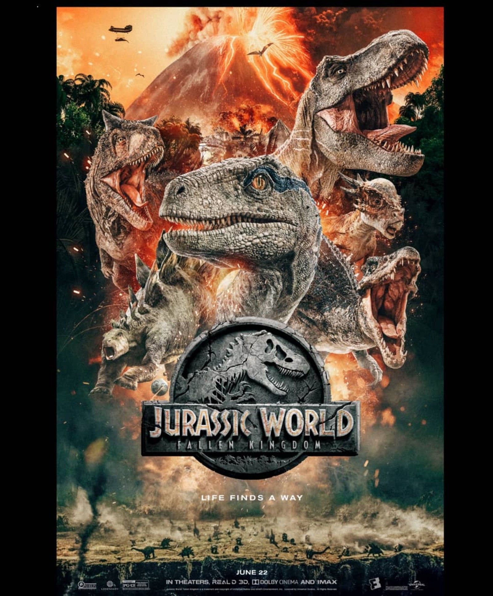 Un cartel de película con un montón de dinosaurios de fondo (dinosaurios, jurásico, película, mundo)