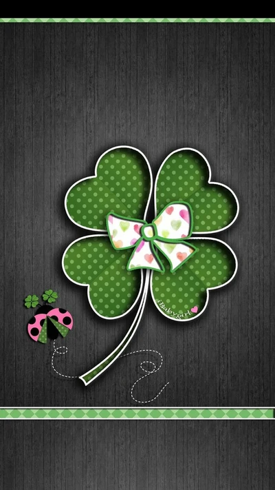 Charming Green Shamrock with Bow and Ladybug