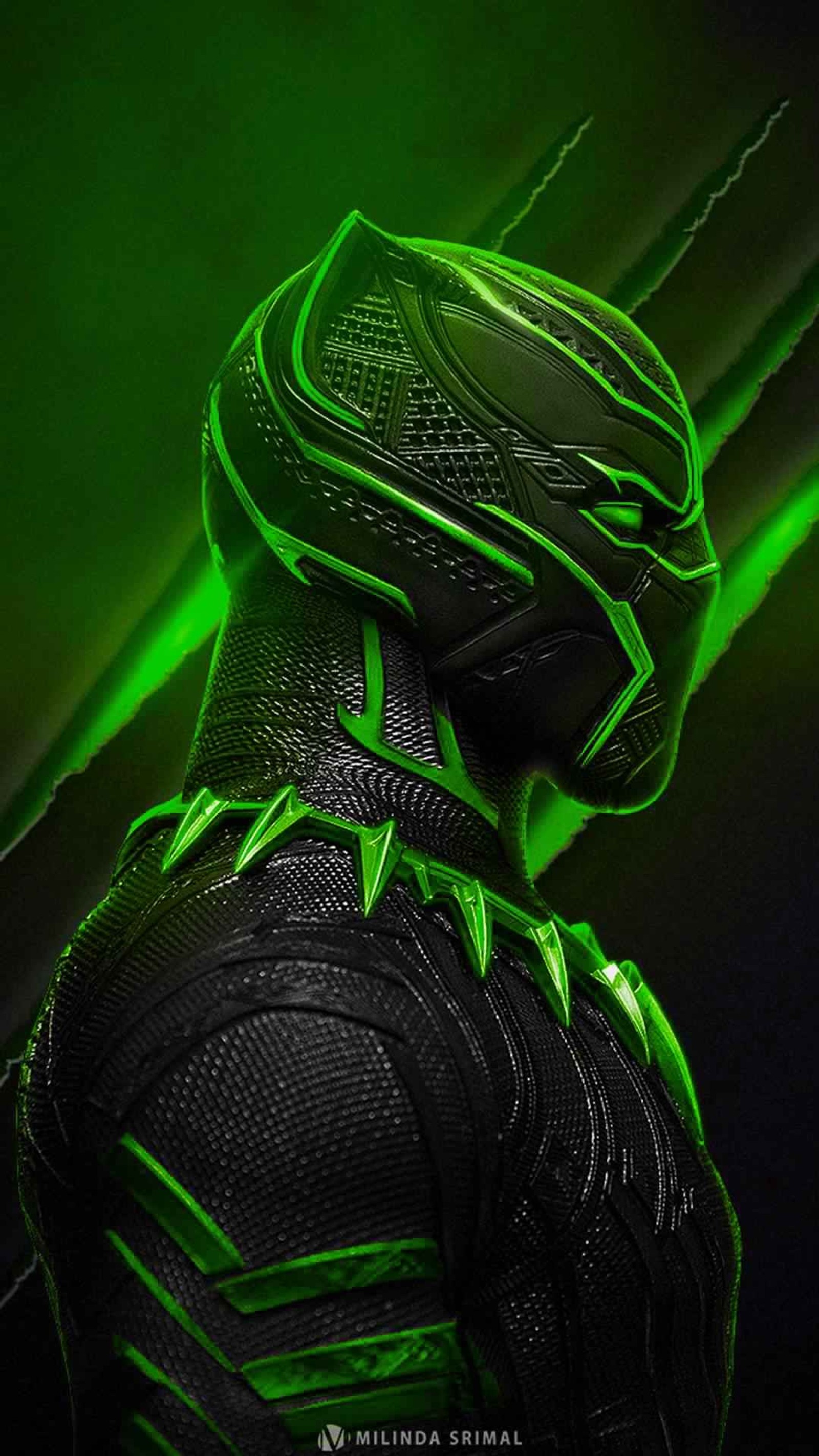 A close up of a person in a black suit with green lights (blackpantha, green)