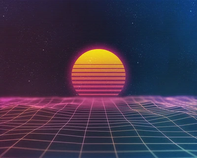 Retro anos 80 Pôr do sol Neon com Horizonte em Grade