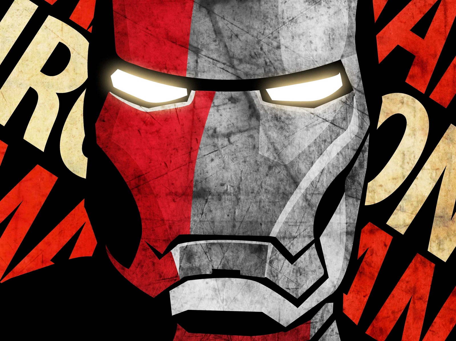 A close up of a iron man face with a red and white background (iron, man)