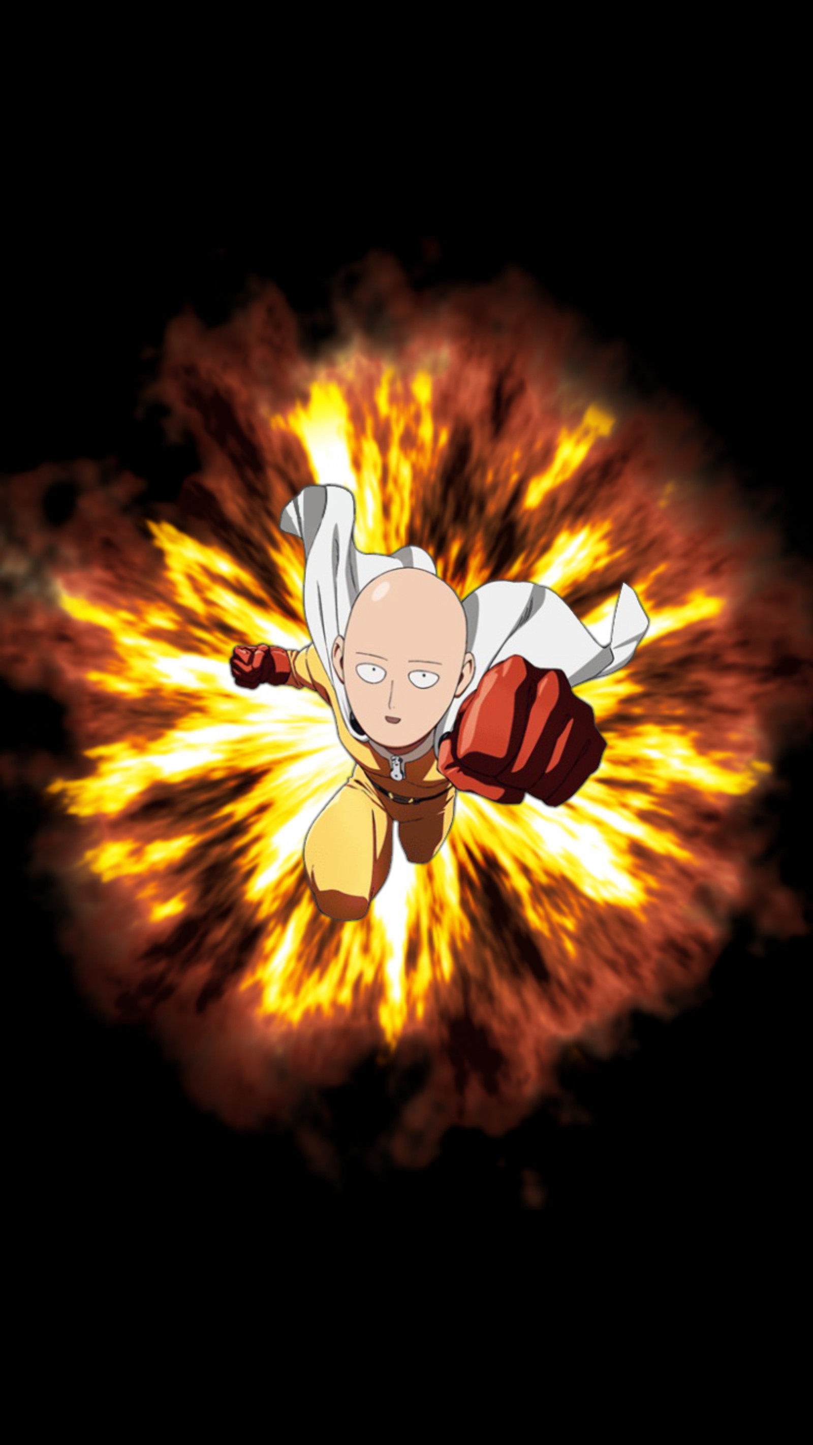 Personnage d'anime volant à travers une boule de feu sur fond noir. (action, anime, explosion, homme, un)