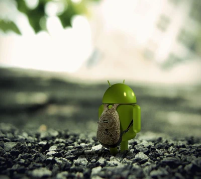 Personnage Android avec un sac à dos vert sur un terrain rocheux