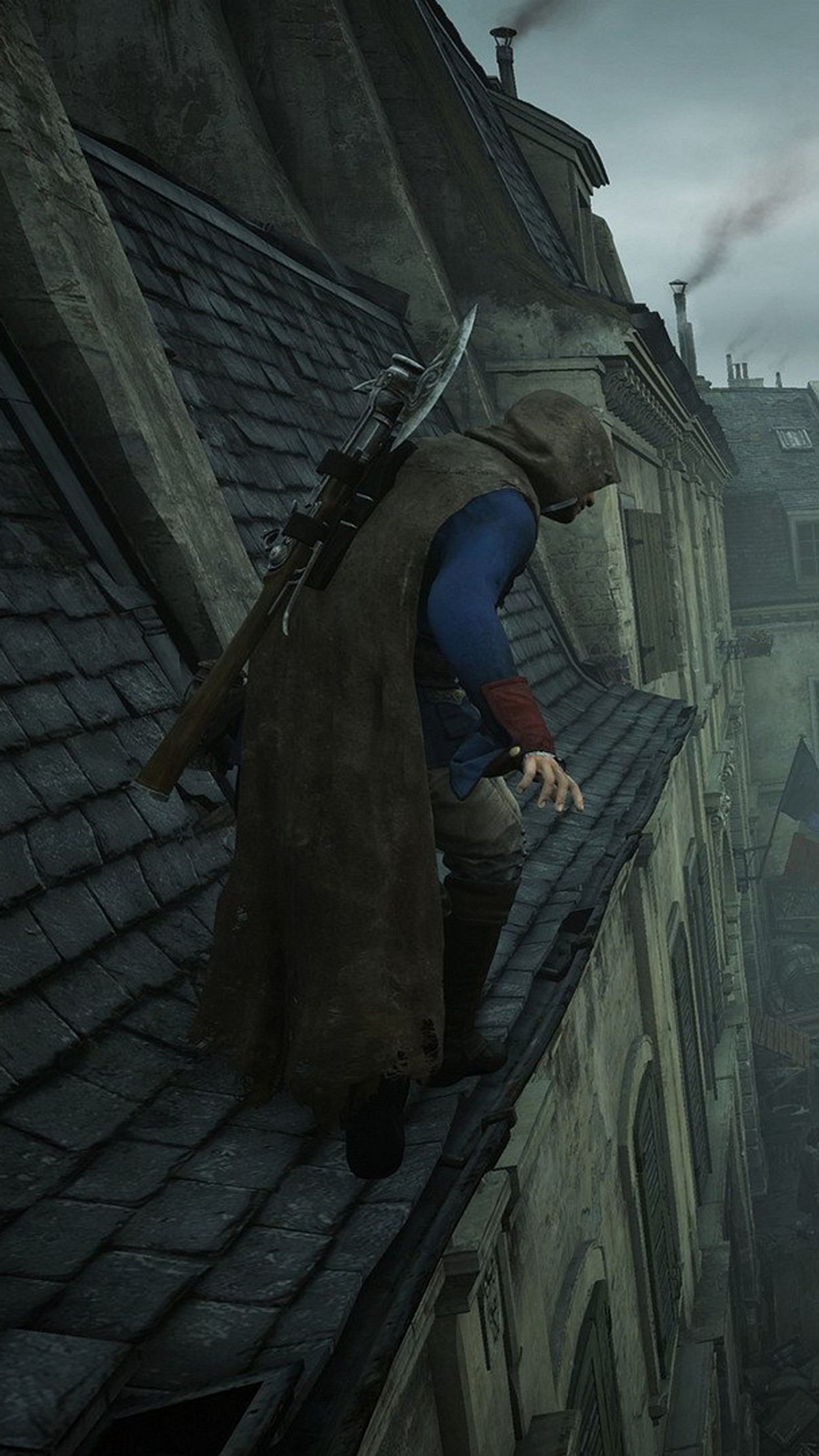 Arafed man on a roof with a sword in his hand (assassin creed unity, games)