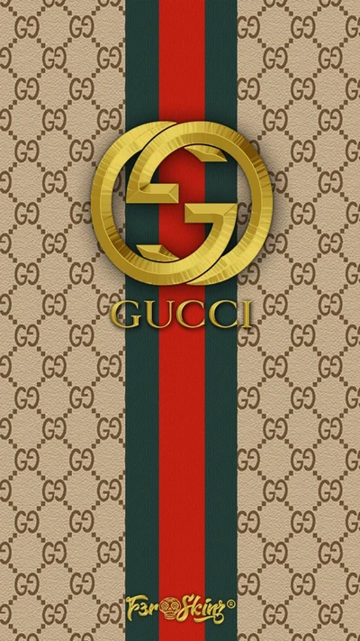 Logo de Gucci sobre fondo con patrón de firma