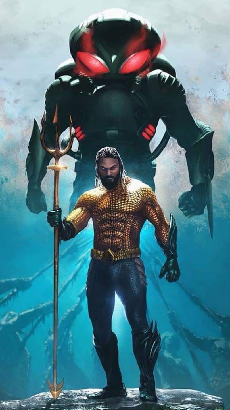 Постер человека с копьем, стоящего перед гигантским роботом (aquaman, черная манта, black manta, dceu, король)