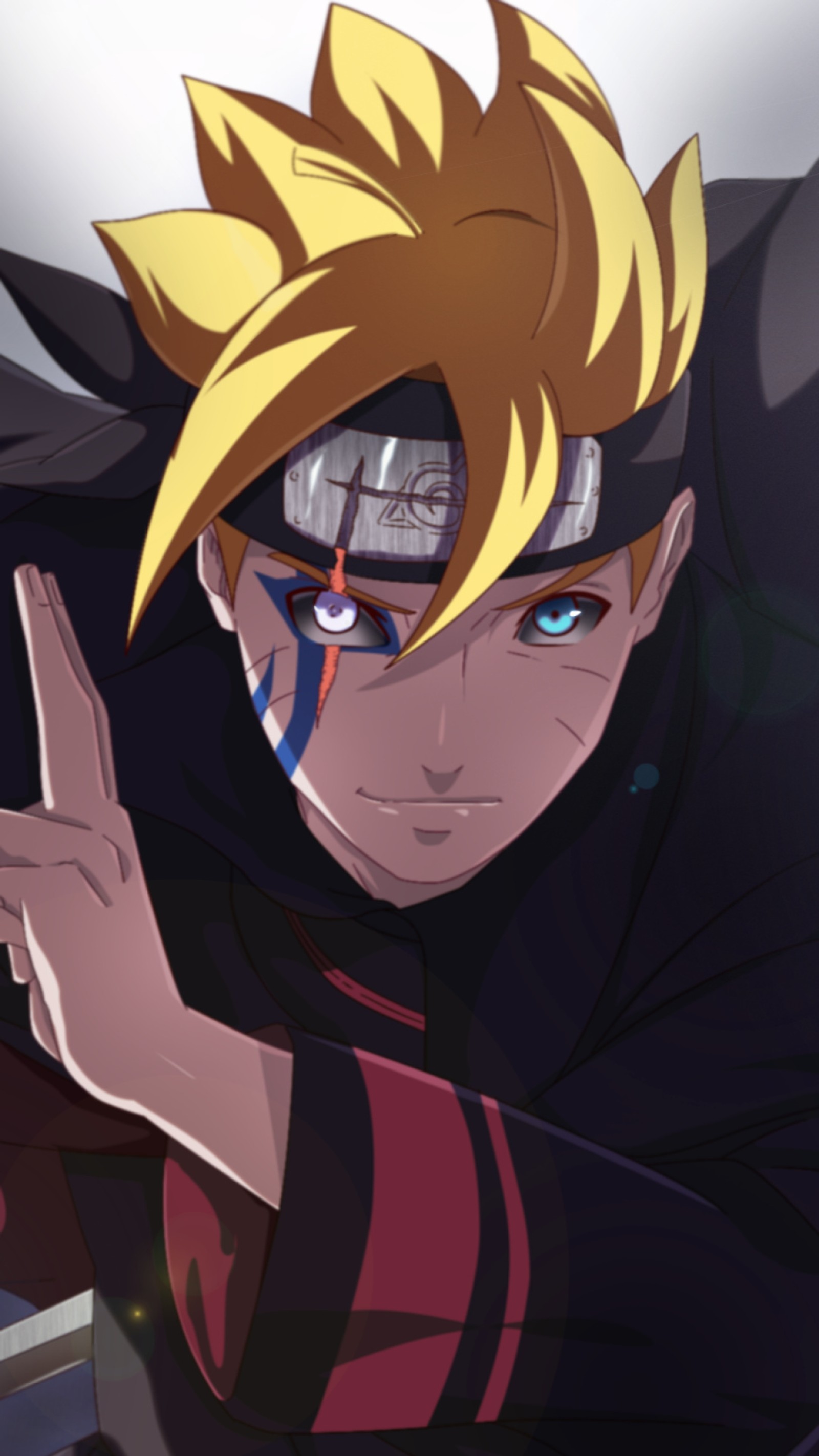 Personaje de anime con cabello amarillo y ojos azules señalando algo (boruto, boruto uzumaki)