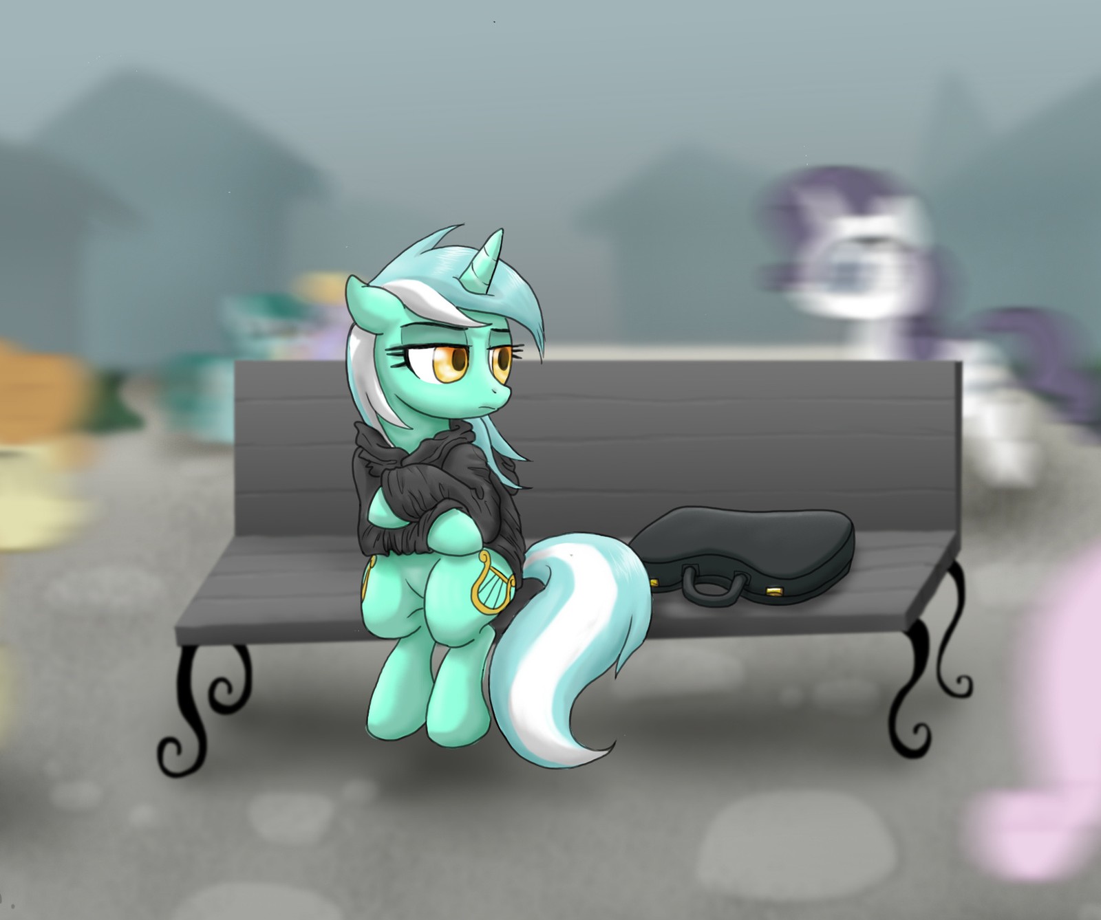 There is a cartoon picture of a pony sitting on a bench (friendship, little, lyra, magic, mlp)