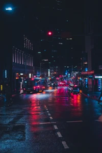 Neon-lit Urban Nightscape with Reflective Streets