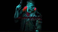 V from Cyberpunk 2077, holding a handgun, illuminated by neon lights in a dark, futuristic setting.