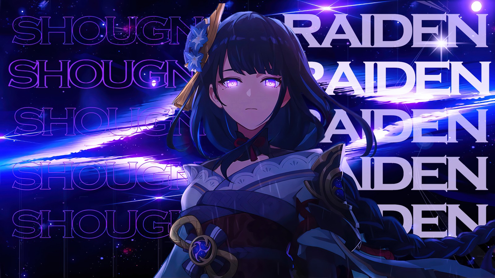 A woman in a blue dress holding a sword and a purple background (raiden shogun, 5k, genshin impact, anime, 4k wallpaper)