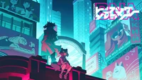 Michiru Kagemori and Shirou Ogami in a vibrant neon cityscape from BNA: Brand New Animal