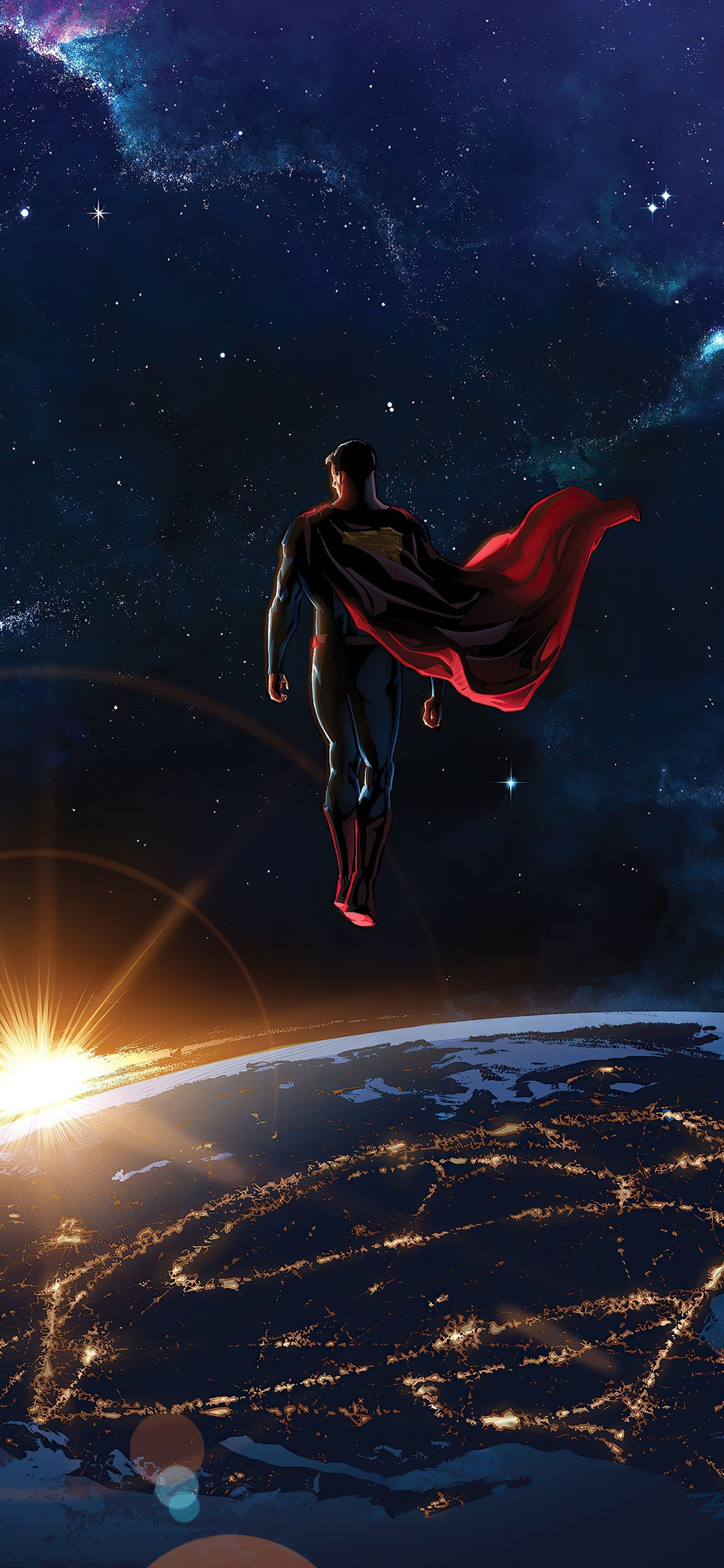 Superman fliegt nachts über die erde mit der sonne, die scheint (superman, dc comics, comic, batman, comics)