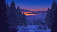 coucher de soleil, nuit, paysage, neige, art numérique