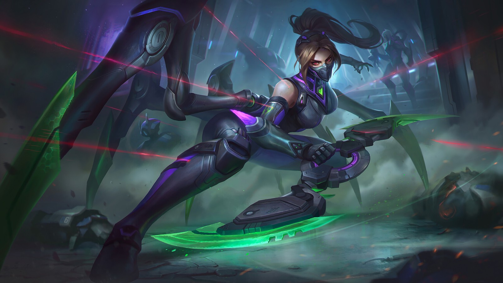 Une femme en tenue futuriste tenant une épée dans une pièce sombre (hanabi, venom nephila, peau, mobile legends, ml)