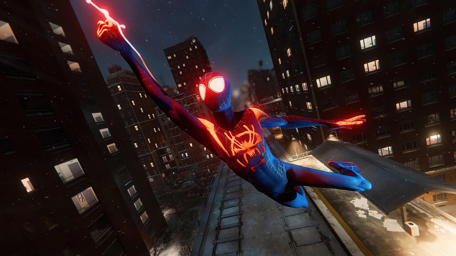 Spider-man en costume volant dans les airs avec une lumière rouge (marvels spider man miles morales, playstation 5, ps5, jeu vidéo, miles morales)