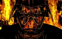 Symmetrical Darth Vader against a backdrop of flames, embodying the darkness of the Star Wars universe.