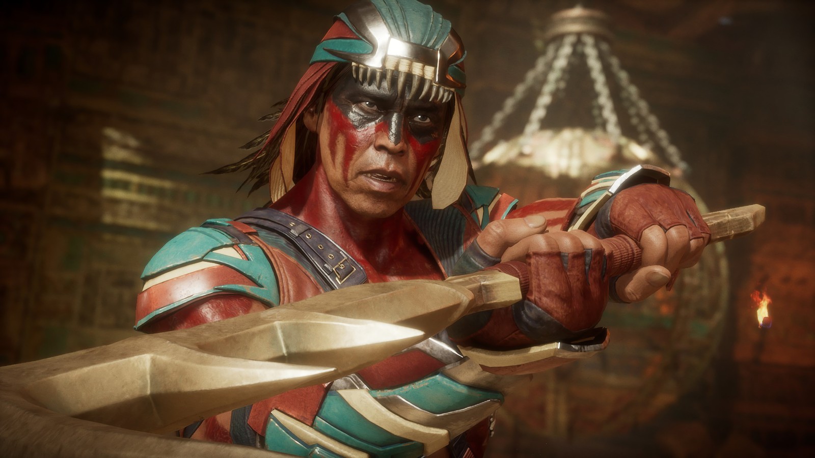 Un gros plan d'une personne tenant un couteau et une épée (nightwolf, mortal kombat 11, jeu vidéo)