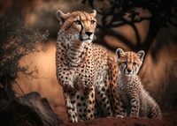 Majestic Cheetah and Cub in a Serene Landscape