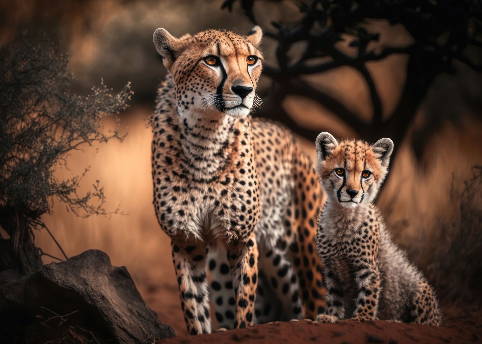 Dos cachorros de guepardo de pie en la tierra cerca de un árbol (guepardo, cachorro de guepardo, arte de ia, ai art, animales)