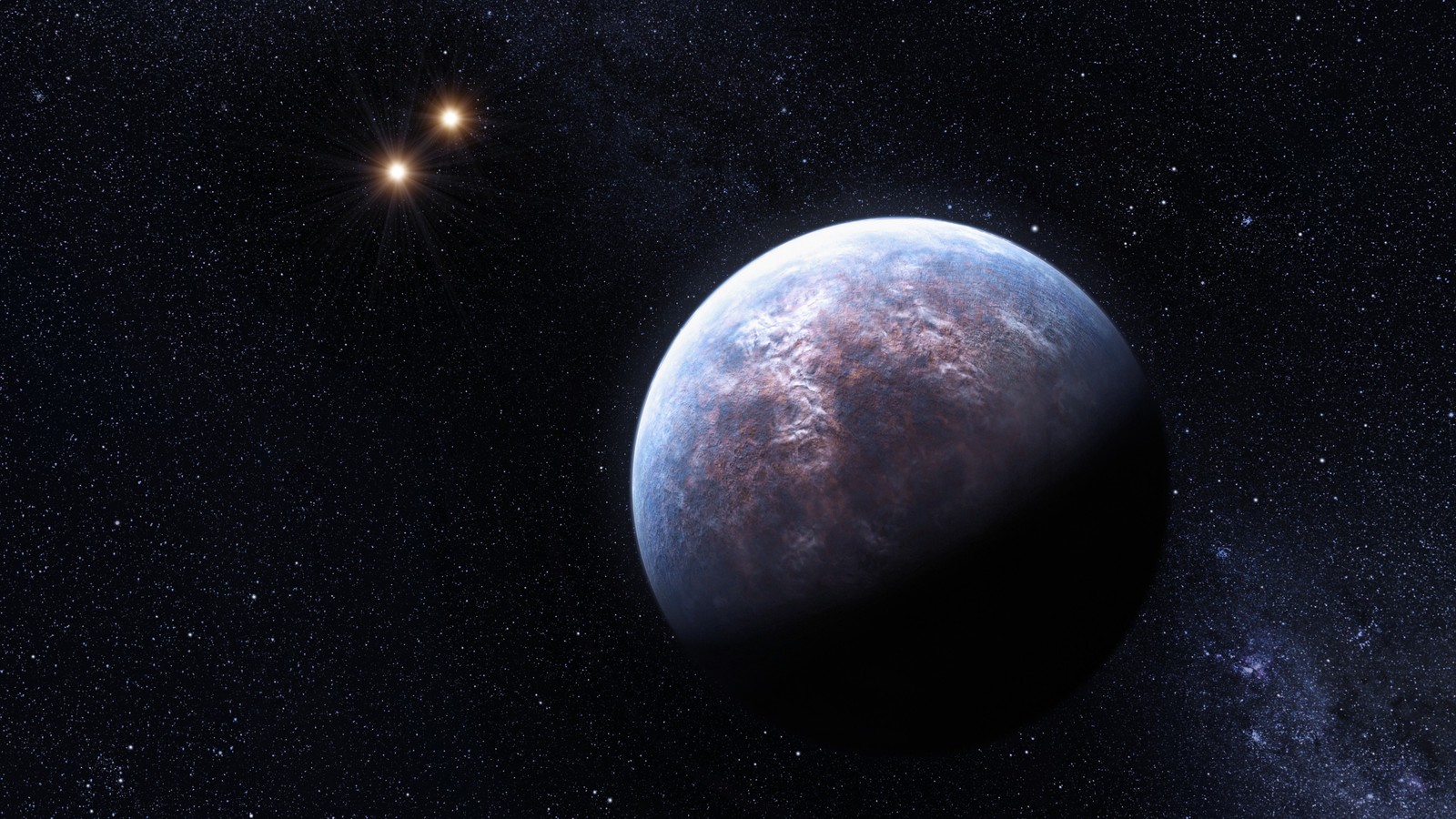 Un primer plano de un planeta con una estrella de fondo (tierra, exoplaneta, sistema estelar, estrella, planeta)