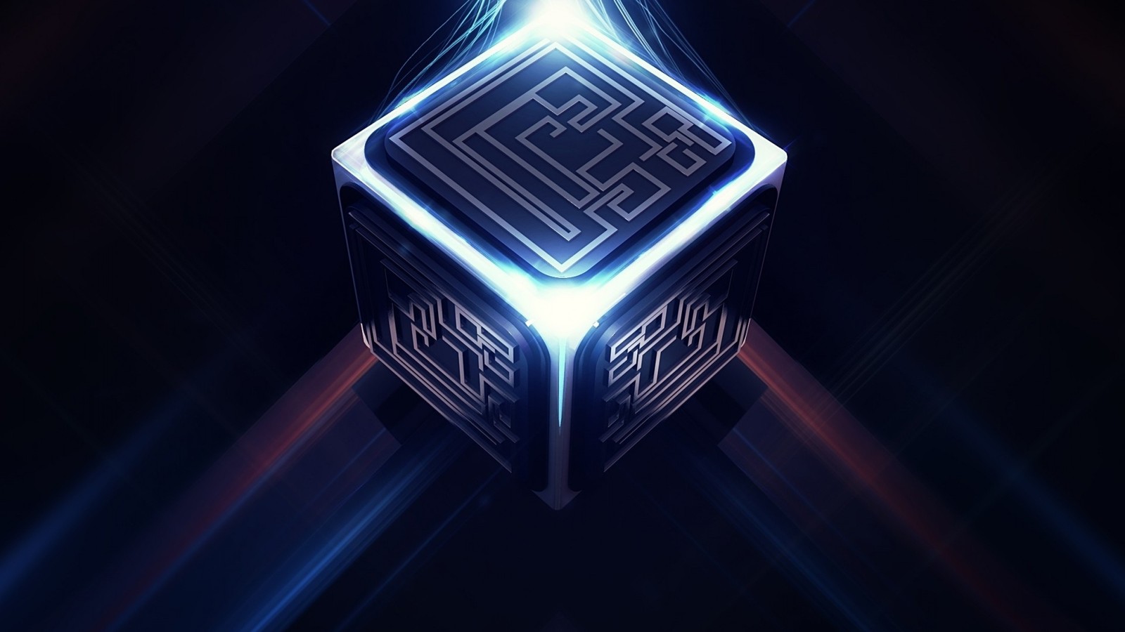 A close up of a glowing cube with a maze inside (digital art, abstract art, art, cube, light)