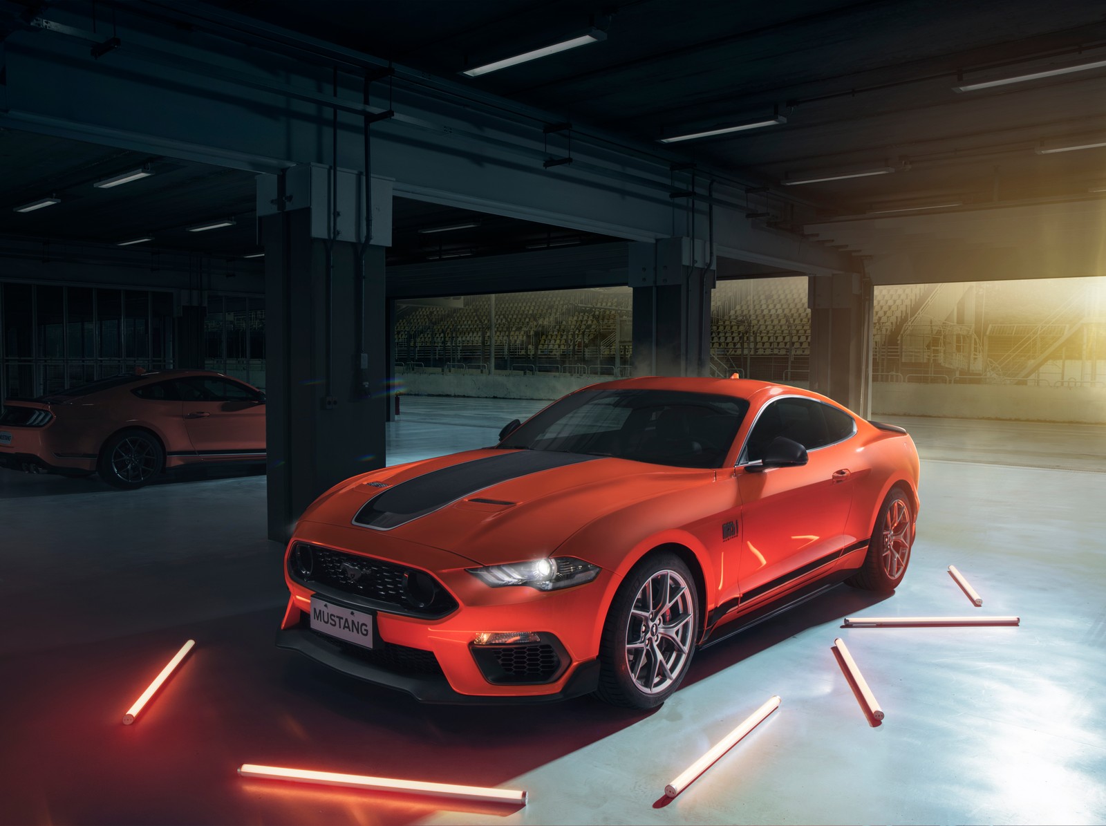 A red mustang parked in a parking garage with a bright light (ford mustang mach 1, sports car, 2021, 5k, cars)