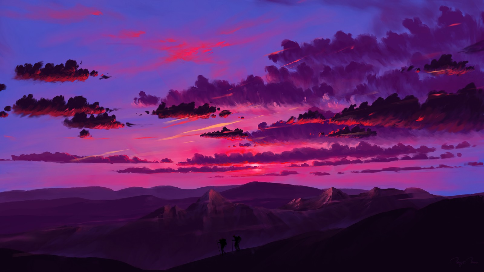 Une peinture d'un couple debout sur une montagne au coucher du soleil (aube, lever de soleil, nuages, ciel, paysage)