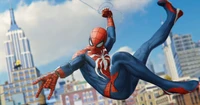 Spider-Man swings through a vibrant cityscape, showcasing his iconic suit and dynamic superhero pose, embodying action and adventure from the Marvel universe.